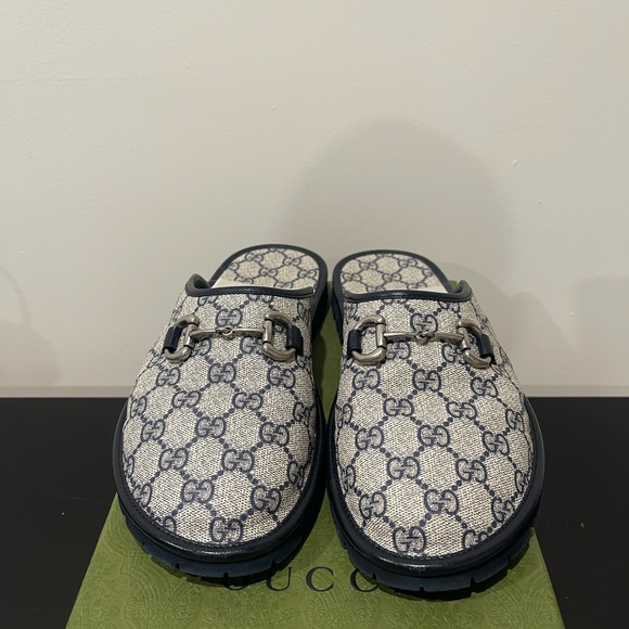 Gucci Blue and Cream Monogram Slip-Ons - Picture 1 of 6